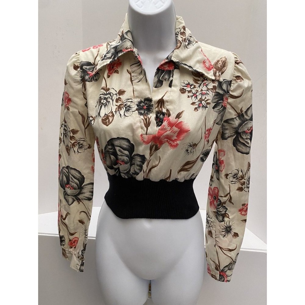 Vintage 70's large Collared Blouse Cropped Flowered Ribbed wide waist band S-xS